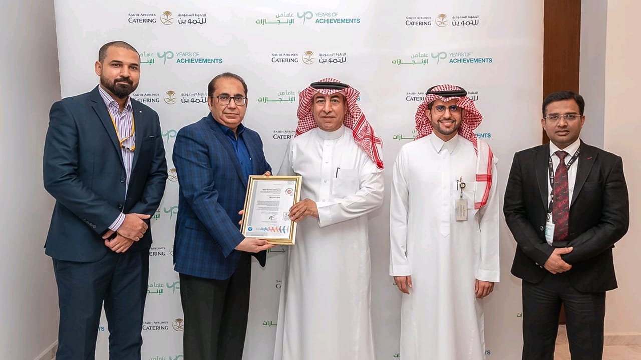 sgs saudi arabia saudi airlines catering company iso 22301 certificate handover